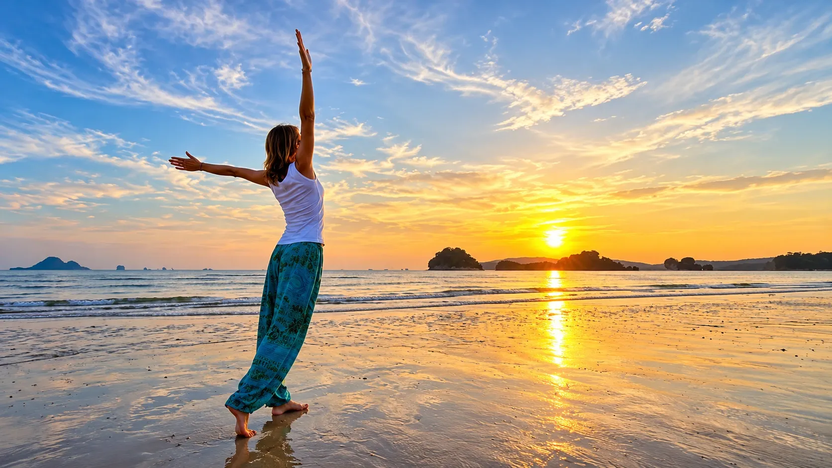 A practitioner with open arms at sunset